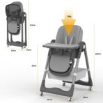 Scaun de Masa pentru Bebelusi si Copii, Embo, 2 Tavite si Husa Detasabile, Multifuncțional, Stabil, Centura de Siguranta, Inaltime Ajustabila, Spatar Reglabil Moale, Cos de Depozitare, 100x50x80cm, de la 6 Luni, Gri - imagine 2
