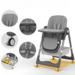 Scaun de Masa pentru Bebelusi si Copii, Embo, 2 Tavite si Husa Detasabile, Multifuncțional, Stabil, Centura de Siguranta, Inaltime Ajustabila, Spatar Reglabil Moale, Cos de Depozitare, 100x50x80cm, de la 6 Luni, Gri - imagine 6
