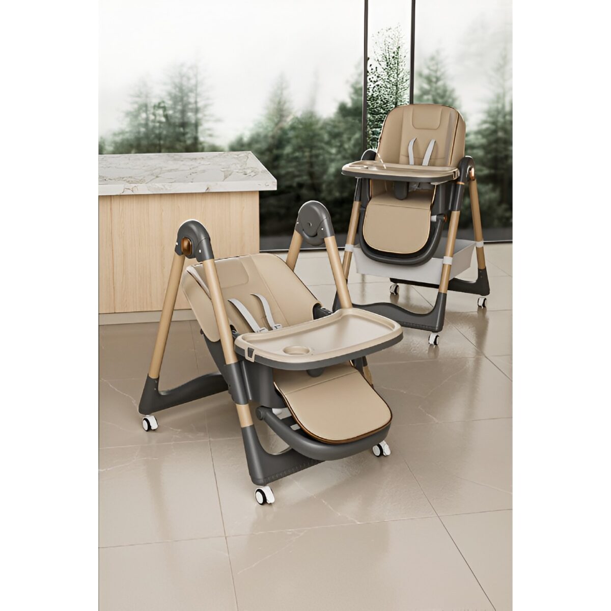 Scaun de Masa pentru Bebelusi si Copii, Embo, 2 Tavite si Husa Detasabile, Multifuncțional, Stabil, Centura de Siguranta, Inaltime Ajustabila, Spatar Reglabil Moale, Cos de Depozitare, 100x50x80cm, de la 6 Luni, Crem - imagine 8