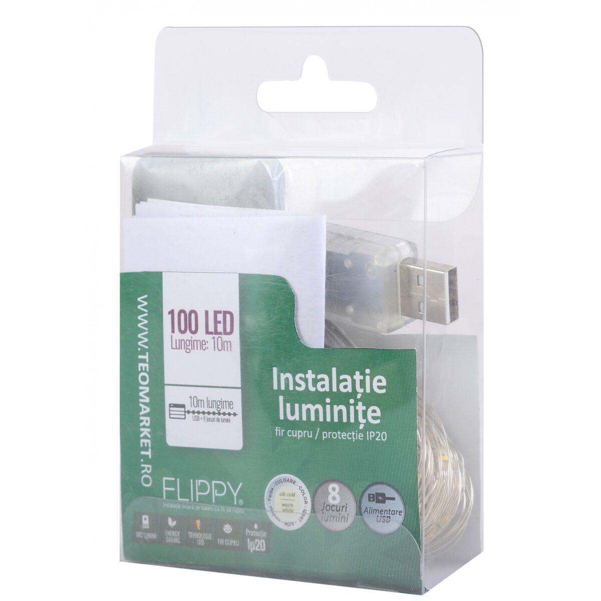 Instalatie Craciun, 10 metri, 100 LED-uri, alb cald, telecomanda 8 functii, USB, fir cupru, liniar, interior/exterior, Embo - imagine 9