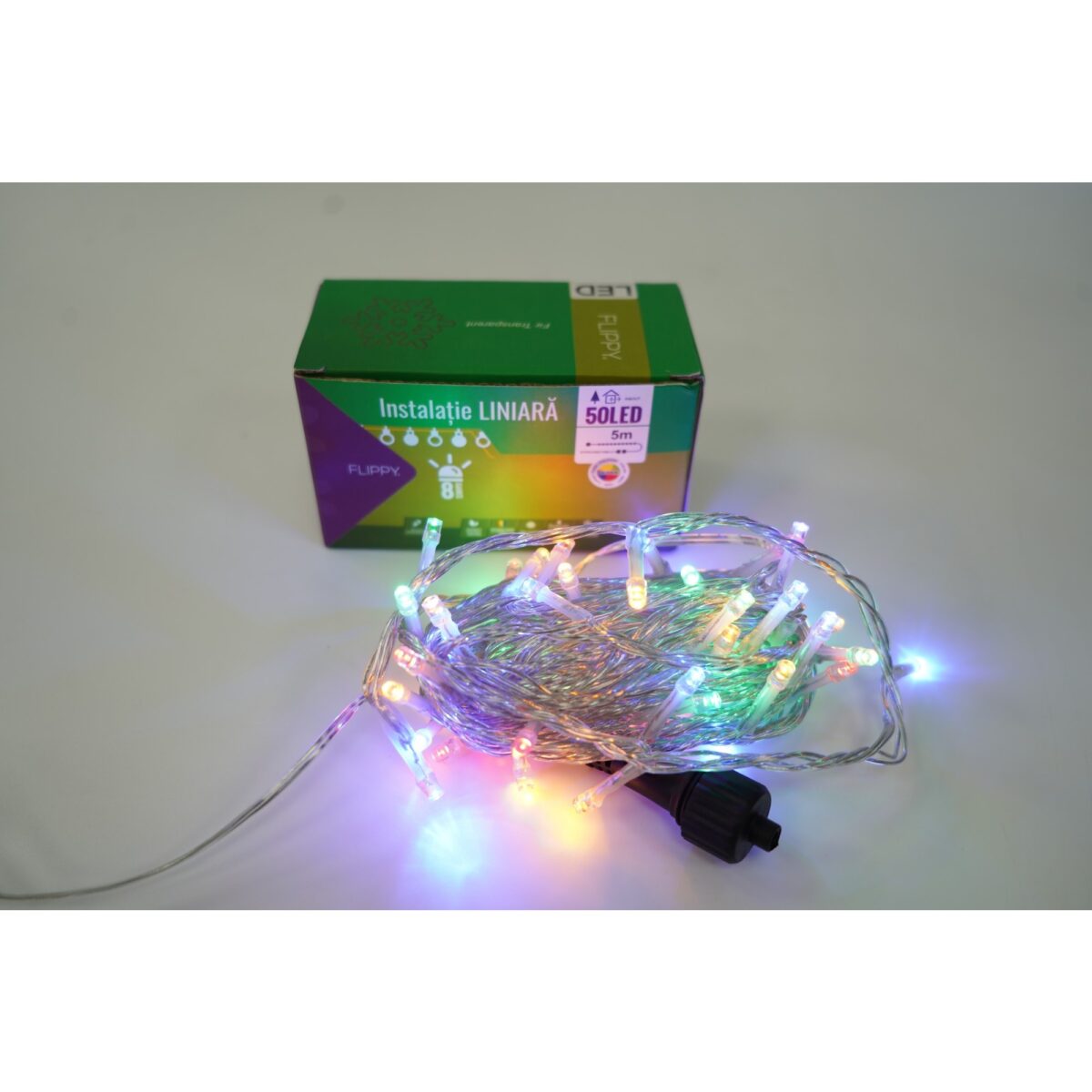 Instalatie Craciun, 30 m, 300 Led-uri ,Liniara, Multicolor, 8 jocuri de lumini, Transformator cu telecomanda, Interconectabila, Prelungitor 5 m inclus, Fir Transparent, Embo - imagine 3