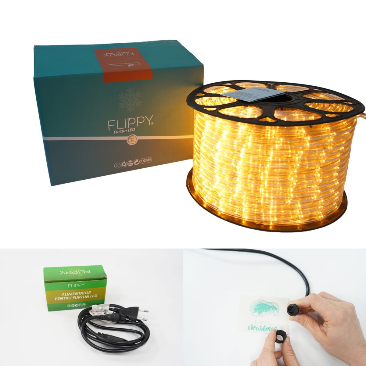 Instalatie Craciun, 52 m, 1248 Led-uri, Furtun Luminos, Alb cald, Transformator, Sectionabila, 220 V, Embo - imagine 6