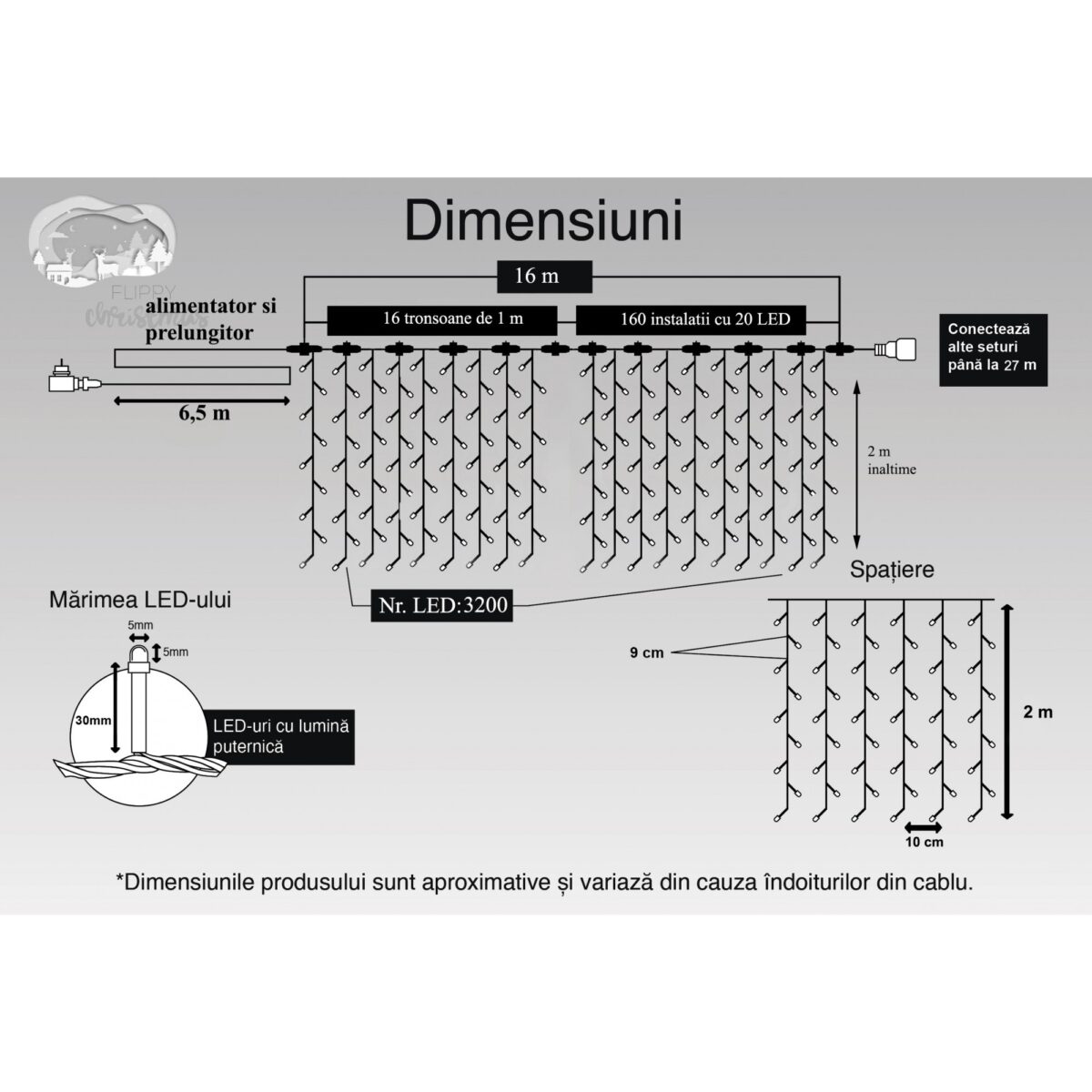 Instalatie Craciun Profesionala de Exterior IP65, Tip Perdea, 16m x 2m, 3200 Led-uri Mari, Alb rece, cu flash, Alimentator si prelungitor 6,5 m, Interconectabila, Fir negru, Embo - imagine 6