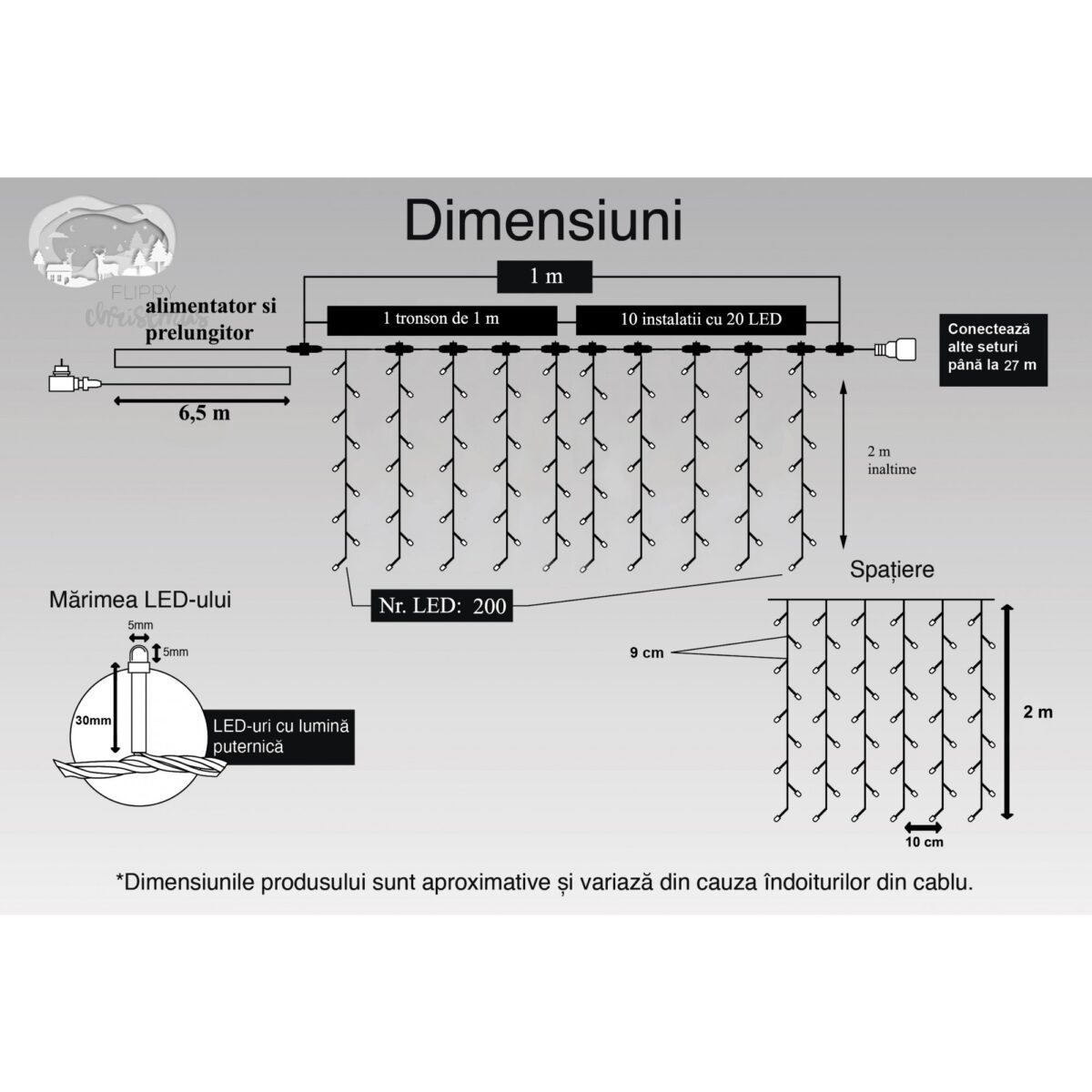 Instalatie Craciun Profesionala de Exterior IP65, Tip Perdea, 1m x 2m, 200 Led-uri Mari, Alb rece, cu flash, Alimentator si prelungitor 6,5 m, Interconectabila, Fir negru, Embo - imagine 6