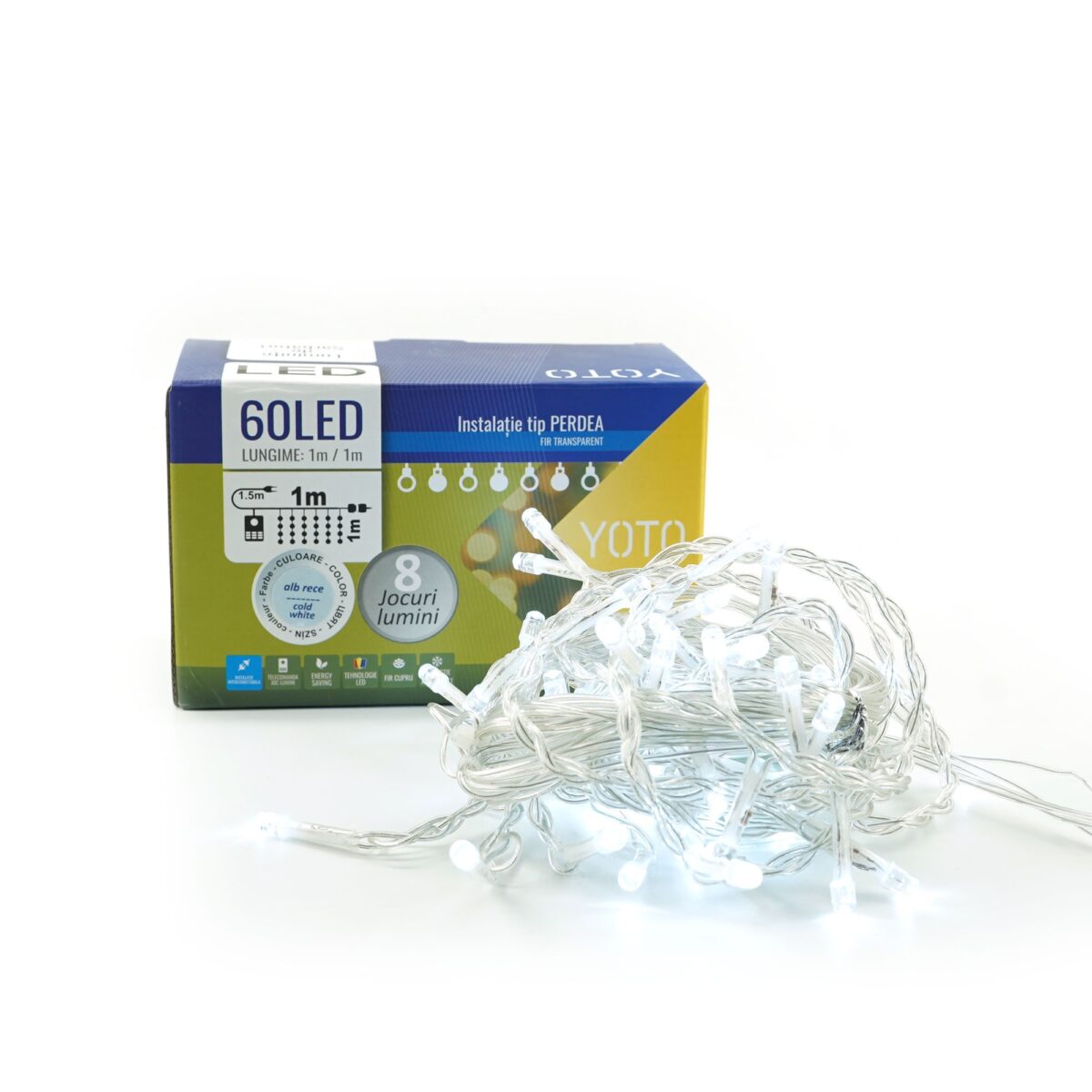Instalatie Craciun, Tip Perdea, 1 m x 1 m, 60 LED-uri, Alb Rece, Controler, 8 jocuri de lumini, Interconectabila, Fir transparent, Interior/ Exterior, Embo - imagine 3