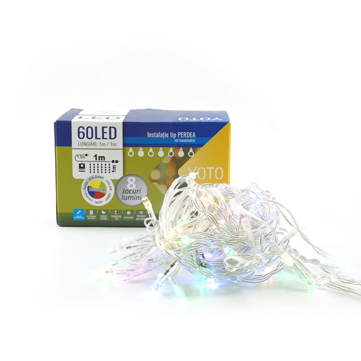 Instalatie Craciun, Tip Perdea, 1 m x 1 m, 60 LED-uri, Multicolor, Controler, 8 jocuri de lumini, Interconectabila, Fir transparent, Interior/ Exterior, Yoto - imagine 2