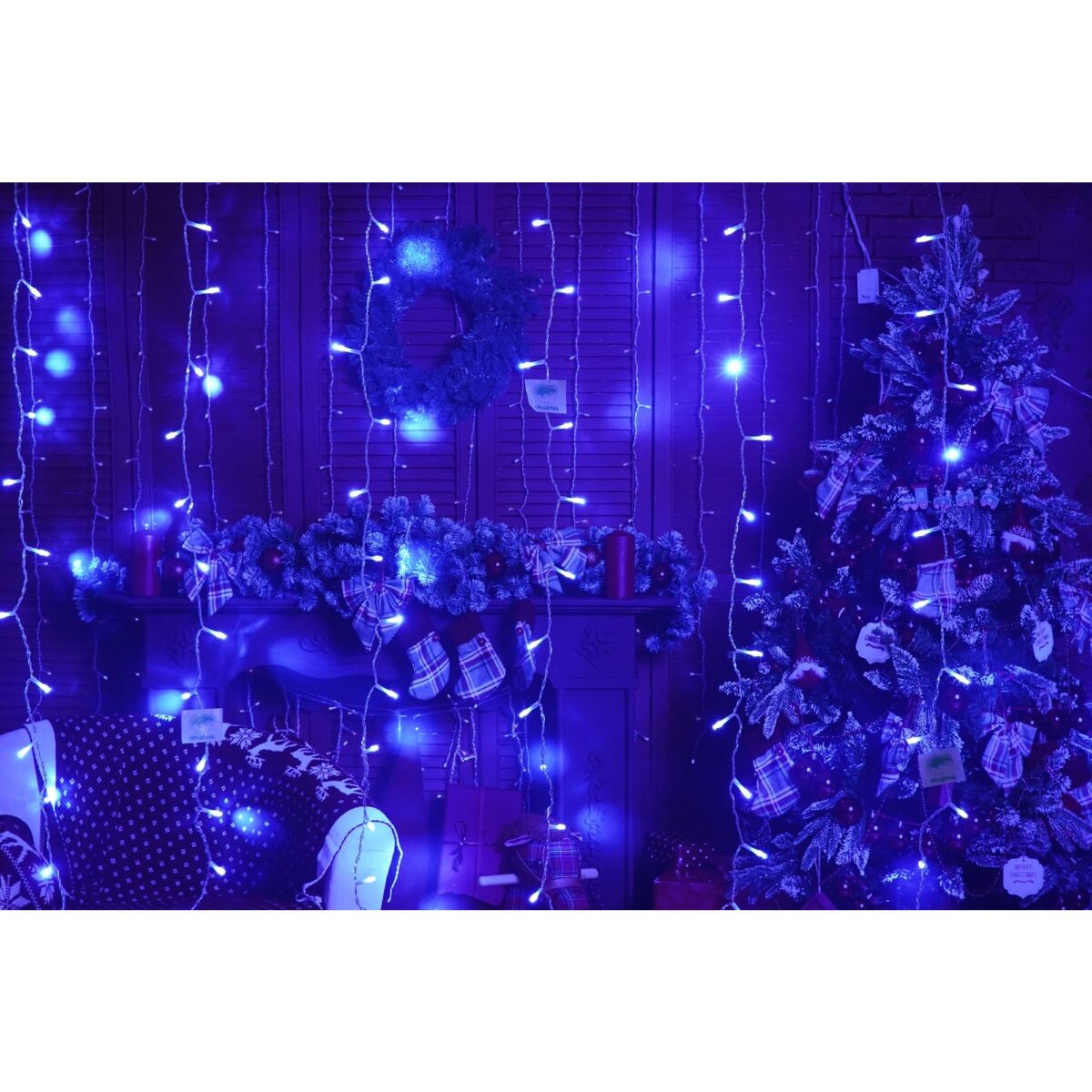 Instalatie Craciun, Tip Perdea, IP44, 2 m x 1 m, 120 LED-uri, Albastru, 8 jocuri de lumini, Transformator cu telecomanda, Interconectabila, Prelungitor 3 m inclus, Fir transparent, Interior/ Exterior, Embo - imagine 2