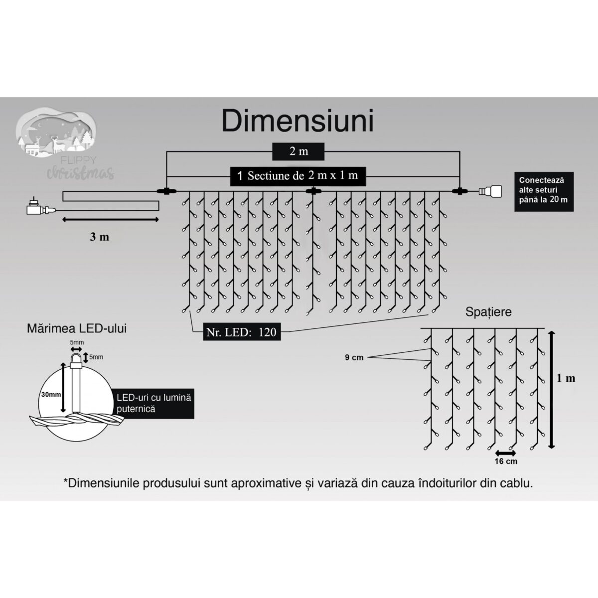 Instalatie Craciun, Tip Perdea, IP44, 2 m x 1 m, 120 LED-uri, Albastru, 8 jocuri de lumini, Transformator cu telecomanda, Interconectabila, Prelungitor 3 m inclus, Fir transparent, Interior/ Exterior, Embo - imagine 6