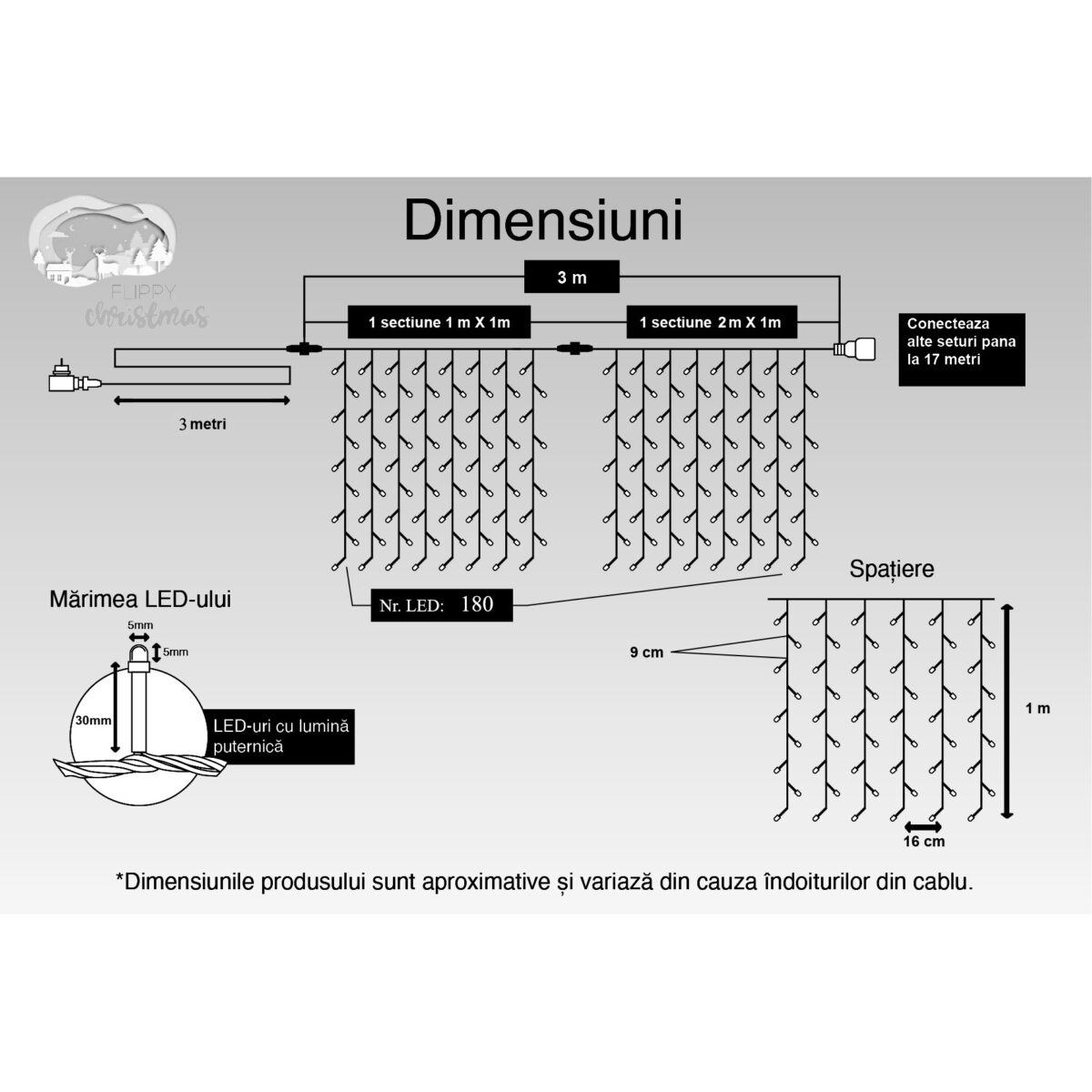 Instalatie Craciun, Tip Perdea, IP44, 3 m x 1 m, 180 LED-uri, Alb cald, cu flash, Transformator, Interconectabila, Prelungitor 3 m inclus, Fir transparent, Interior/ Exterior, Embo - imagine 6