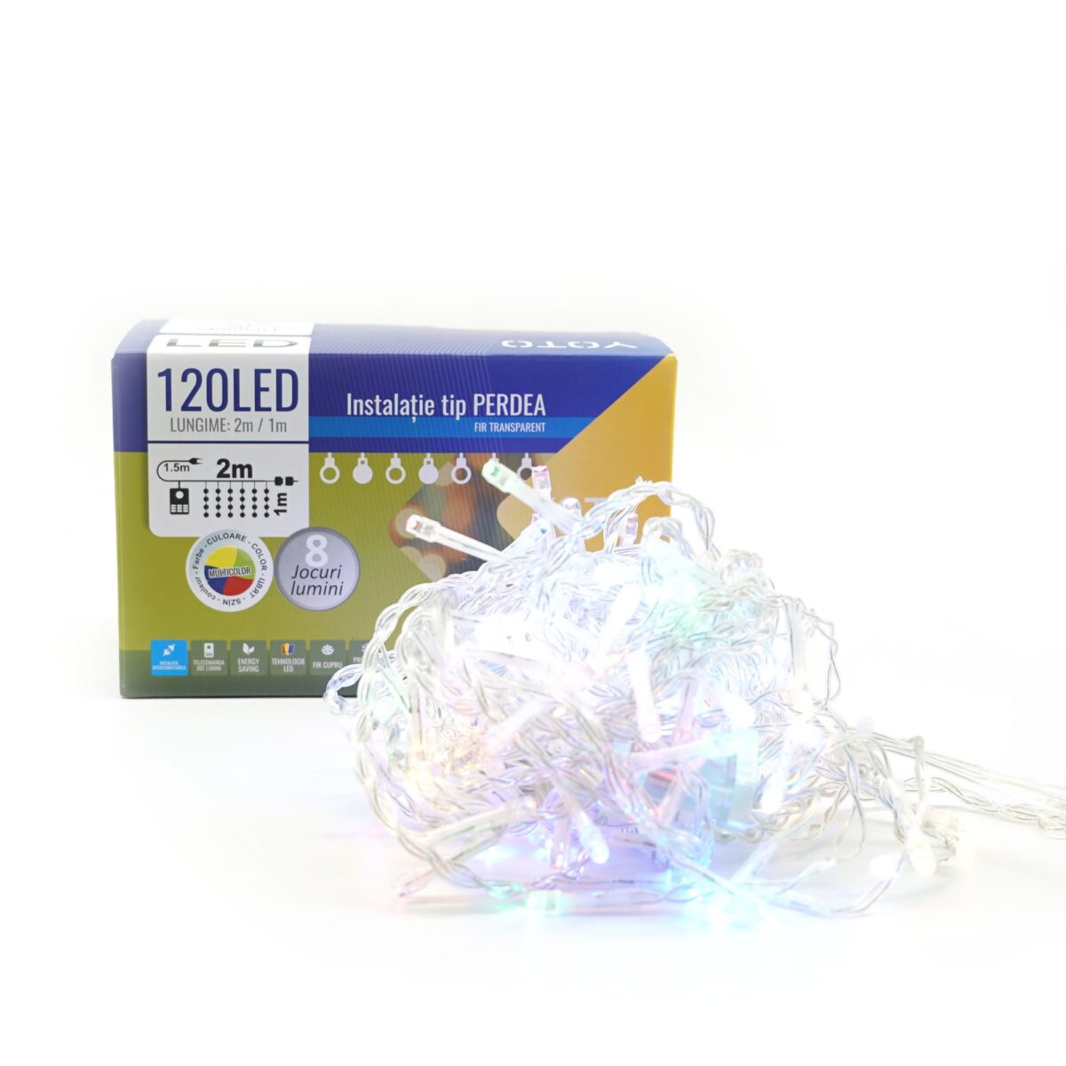 Instalatie Craciun Yoto, Tip Perdea, 2 m x 1 m, 120 LED-uri, Prelungitor 1.5 m, 8 Jocuri de Lumini, Interconectabila, Fir transparent, Interior/Exterior, Multicolor - imagine 7