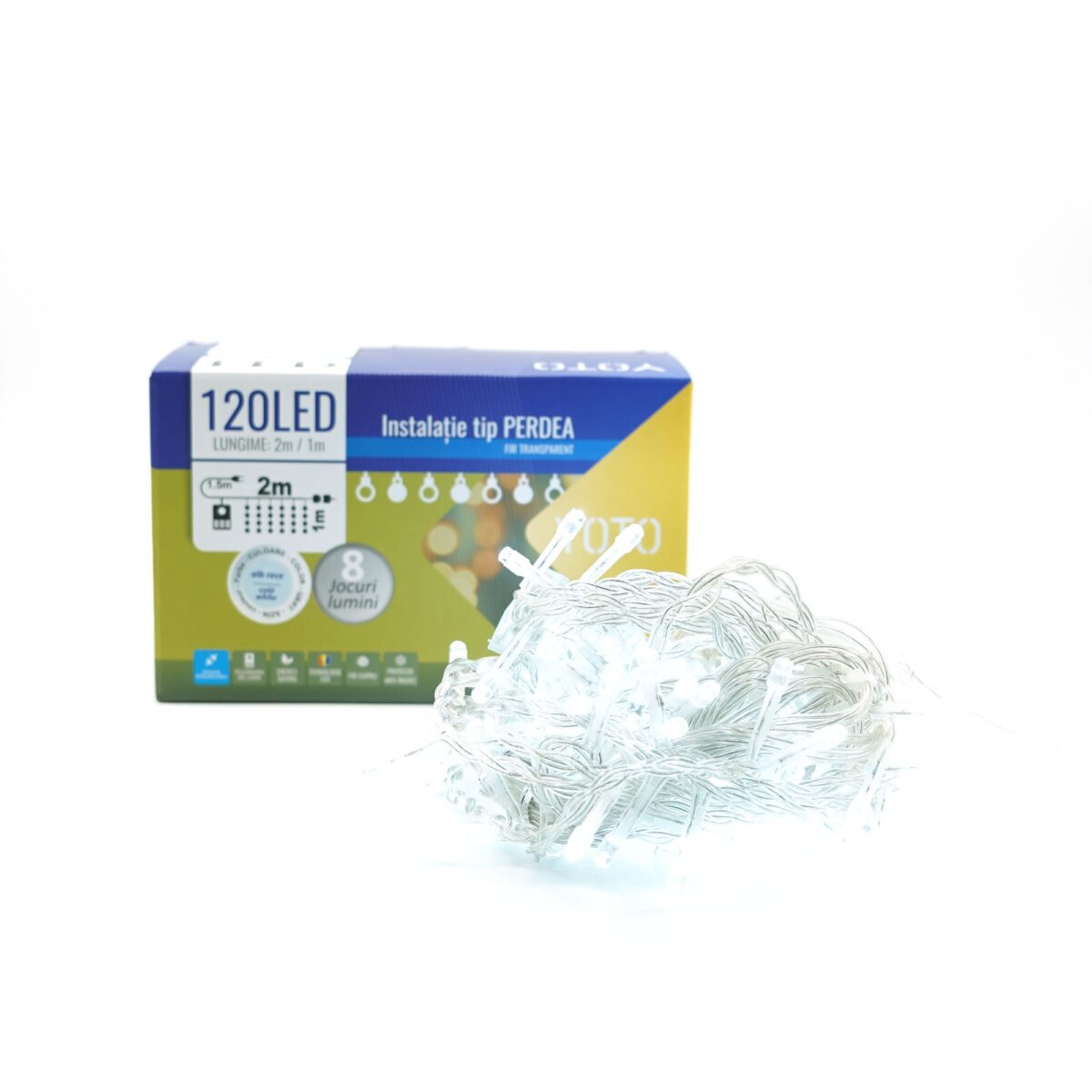 Instalatie Craciun Yoto, Tip Perdea, 2 m x 1 m, 120 LED-uri, Prelungitor 1.5 m, 8 Jocuri de Lumini, Interconectabila, Fir transparent, Interior/Exterior, Alb Rece - imagine 7