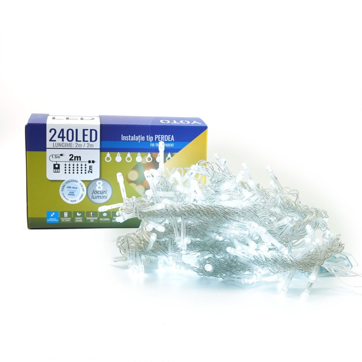 Instalatie Craciun Yoto, Tip Perdea, 2 m x 2 m, 240 LED-uri, Prelungitor 1.5 m, 8 Jocuri de Lumini, Interconectabila, Fir transparent, Interior/Exterior, Alb Rece - imagine 8