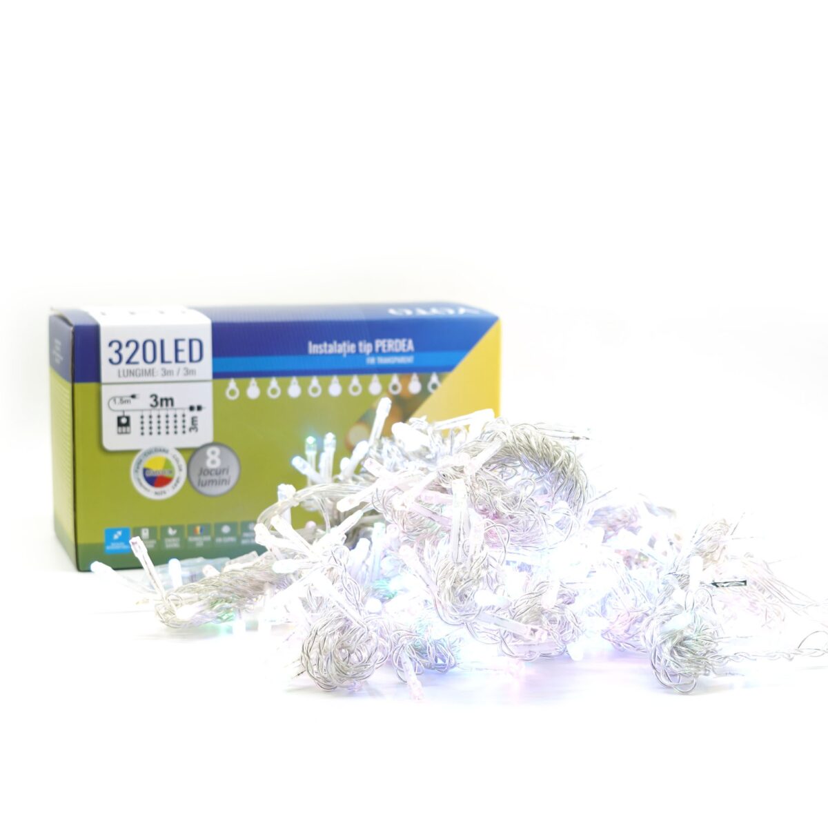 Instalatie Craciun Yoto, Tip Perdea, 3 m x 3 m, 320 LED-uri, Prelungitor 1.5 m, 8 Jocuri de Lumini, Interconectabila, Fir transparent, Interior/Exterior, Multicolor - imagine 7