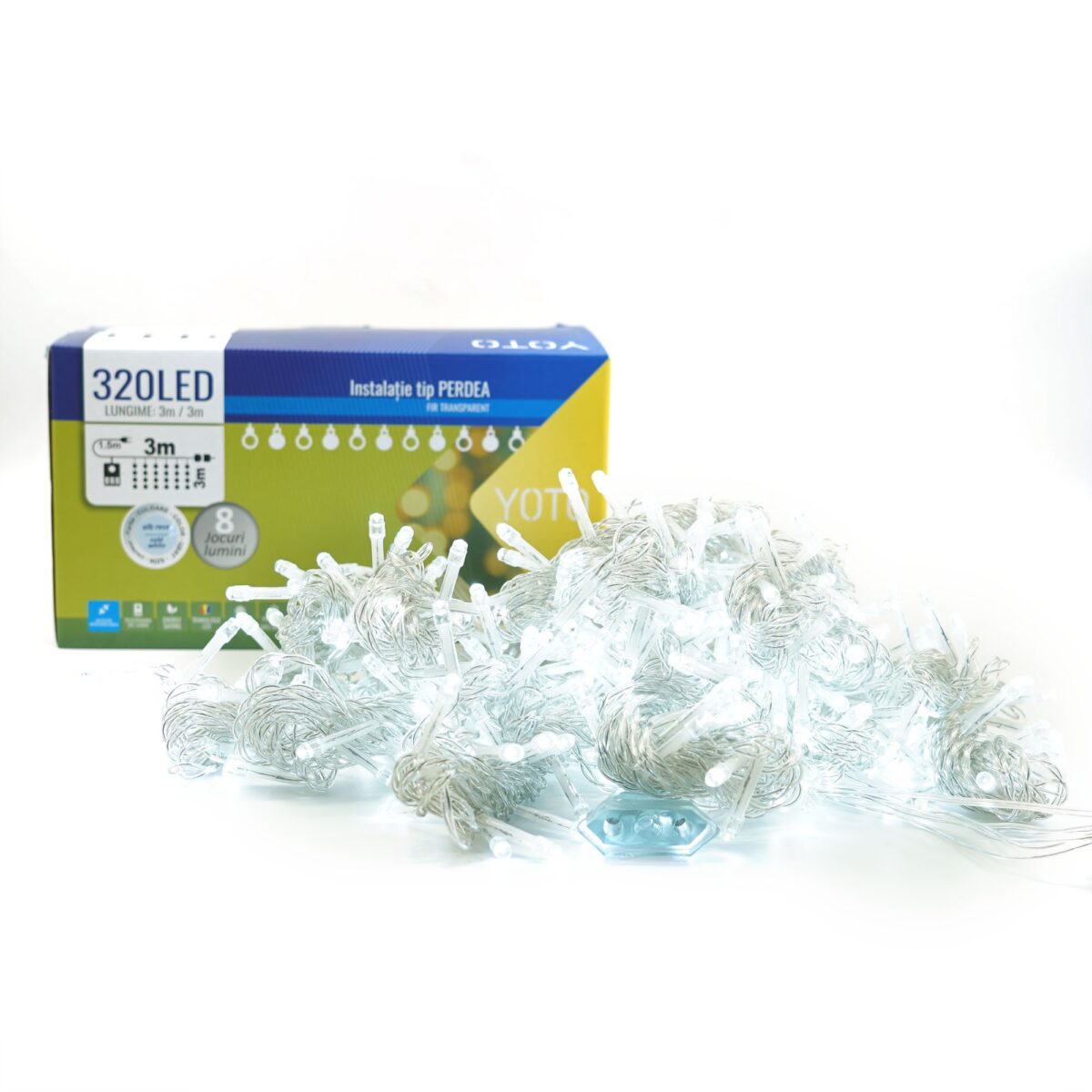 Instalatie Craciun Yoto, Tip Perdea, 3 m x 3 m, 320 LED-uri, Prelungitor 1.5 m, 8 Jocuri de Lumini, Interconectabila, Fir transparent, Interior/Exterior, Alb Rece - imagine 6