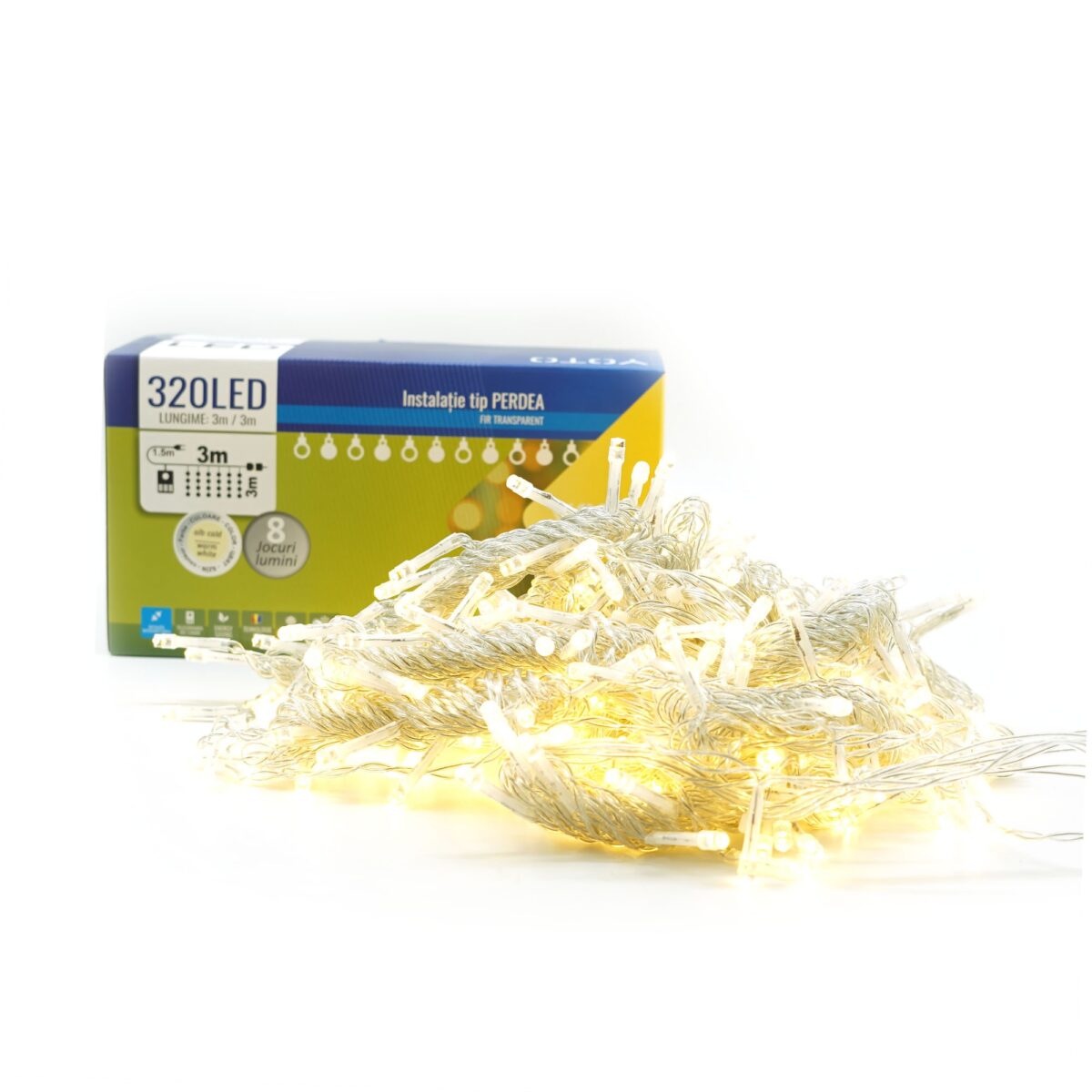 Instalatie Craciun Yoto, Tip Perdea, 3 m x 3 m, 320 LED-uri, Prelungitor 1.5 m, 8 Jocuri de Lumini, Interconectabila, Fir transparent, Interior/Exterior, Alb Cald - imagine 6