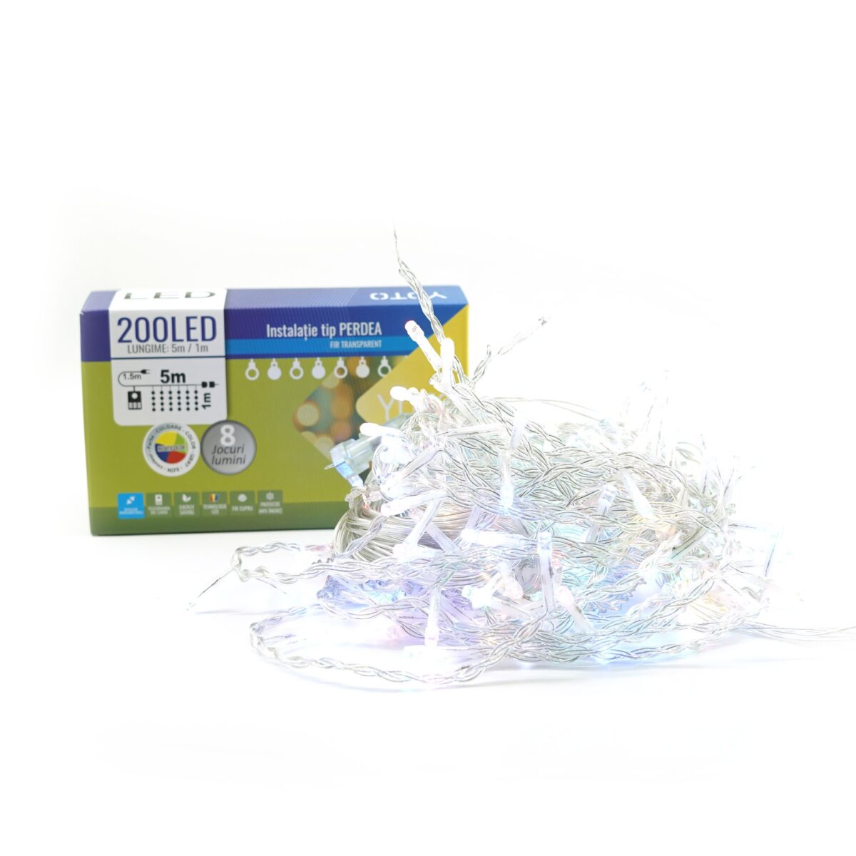 Instalatie Craciun Yoto, Tip Perdea, 5 m x 1 m, 200 LED-uri, Prelungitor 1.5 m, 8 Jocuri de Lumini, Interconectabila, Fir transparent, Interior/Exterior, Multicolor - imagine 6