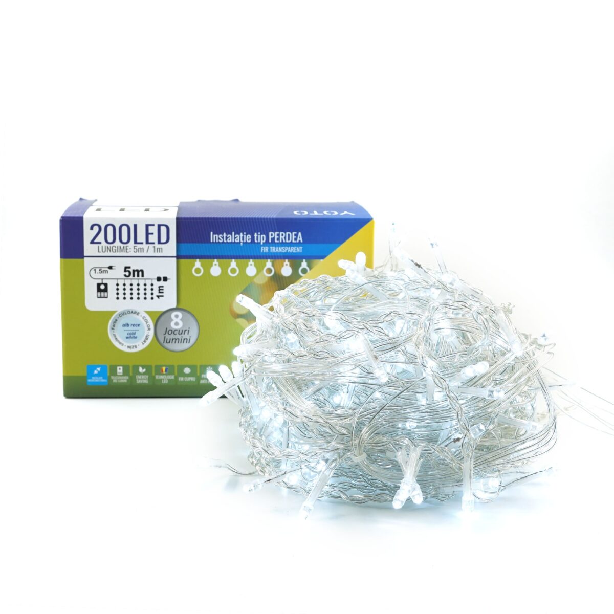 Instalatie Craciun Yoto, Tip Perdea, 5 m x 1 m, 200 LED-uri, Prelungitor 1.5 m, 8 Jocuri de Lumini, Interconectabila, Fir transparent, Interior/Exterior, Alb Rece - imagine 6