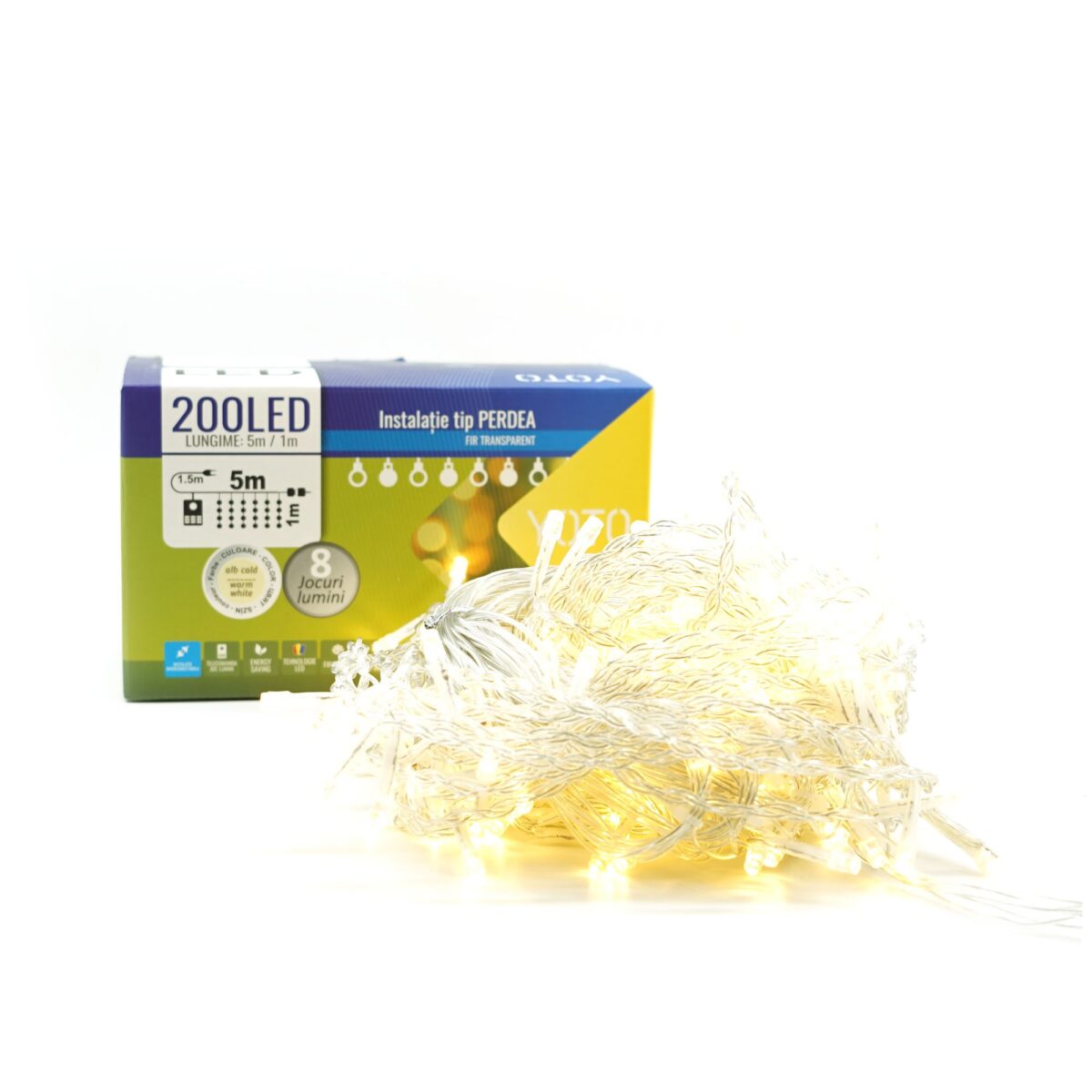 Instalatie Craciun Yoto, Tip Perdea, 5 m x 1 m, 200 LED-uri, Prelungitor 1.5 m, 8 Jocuri de Lumini, Interconectabila, Fir transparent, Interior/Exterior, Alb Cald - imagine 6
