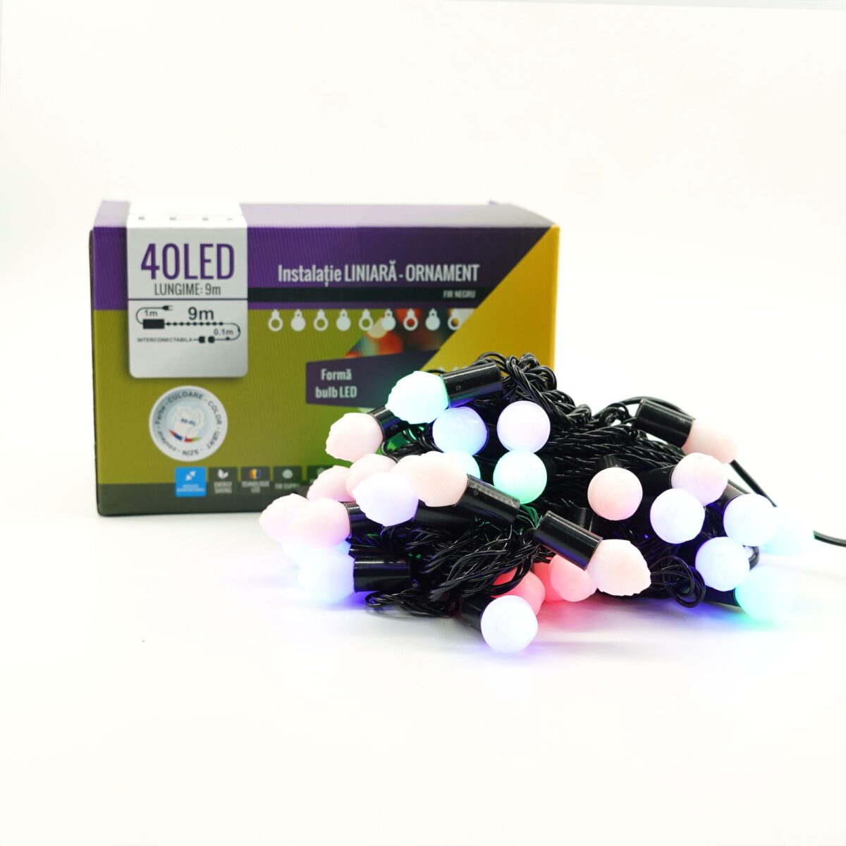 Instalatie de Craciun Liniara RGRB Yoto, 10 m, din care 1 m Prelungitor 220V, 40 LED, Bilute Mate, Interconectabila, Utilizare Interior/Exterior, Fir Negru, multicolor - imagine 5