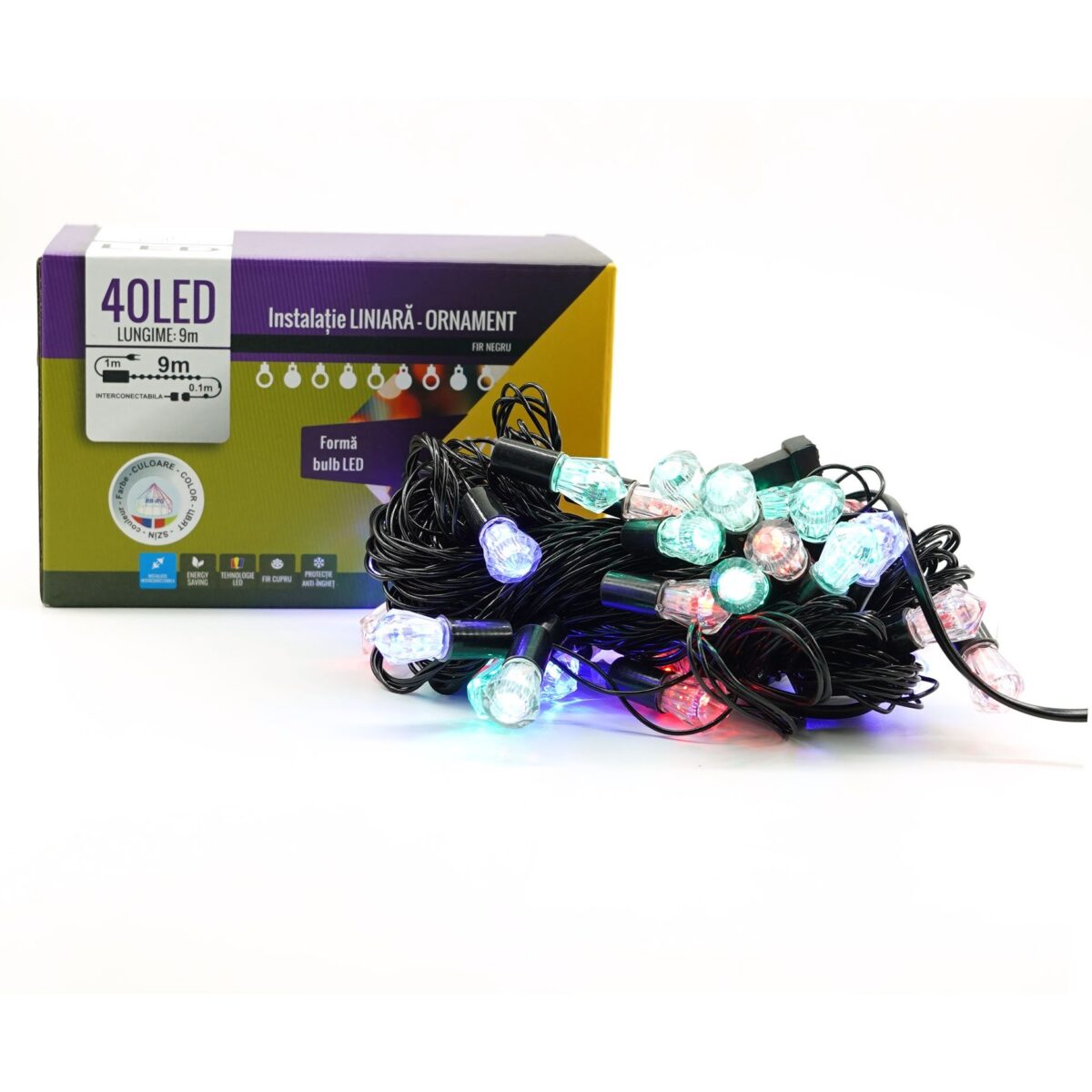 Instalatie de Craciun Liniara RGRB Yoto, 10 m, din care 1 m Prelungitor 220V, 40 LED, Model Diamante, Utilizare Interior/Exterior, Interconectabila, Fir Negru, multicolor - imagine 2