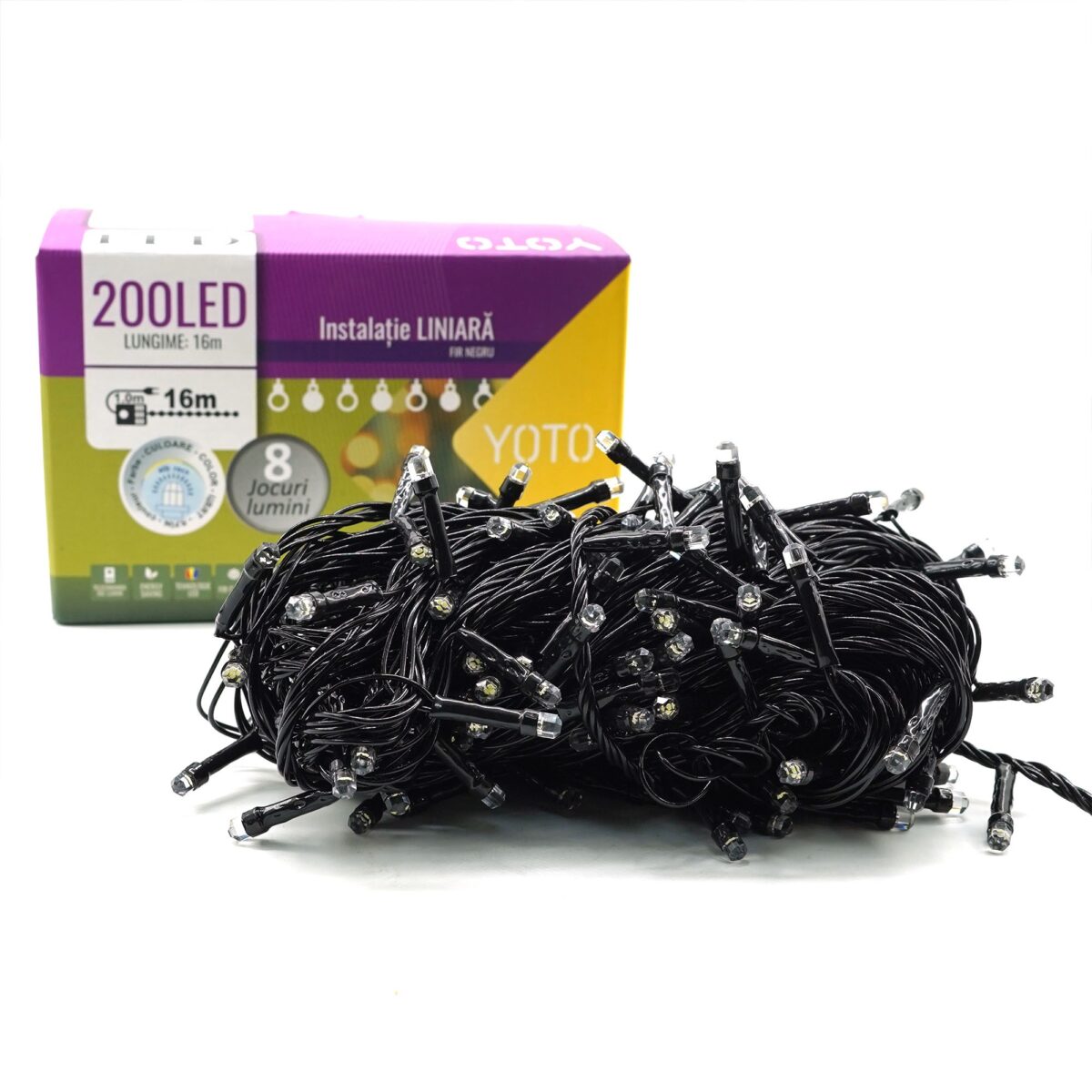 Instalatie de Craciun liniara Yoto, 17 m, din care 1 m cablu priza 220V, 200 LED, 8 jocuri de lumini, beculet in 6 colturi, pentru interior, controler, fir negru, alb rece - imagine 6