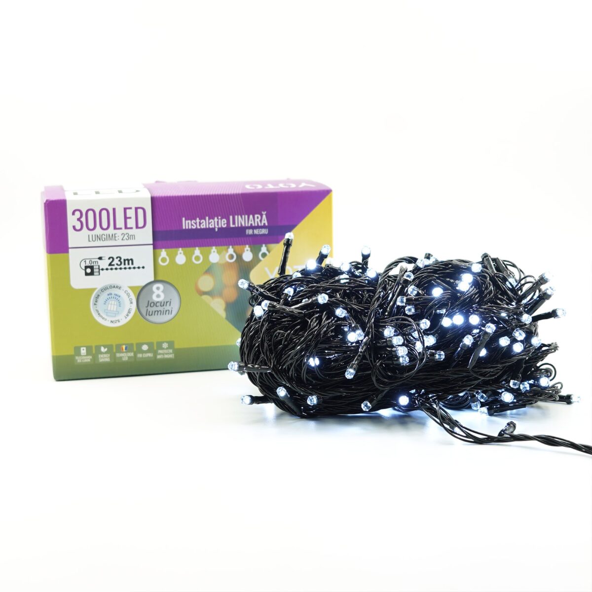 Instalatie de Craciun liniara Yoto, 24 m, din care 1 m cablu priza 220V, 300 LED, 8 jocuri de lumini, beculet in 6 colturi, pentru interior, controler, fir negru, alb rece - imagine 7
