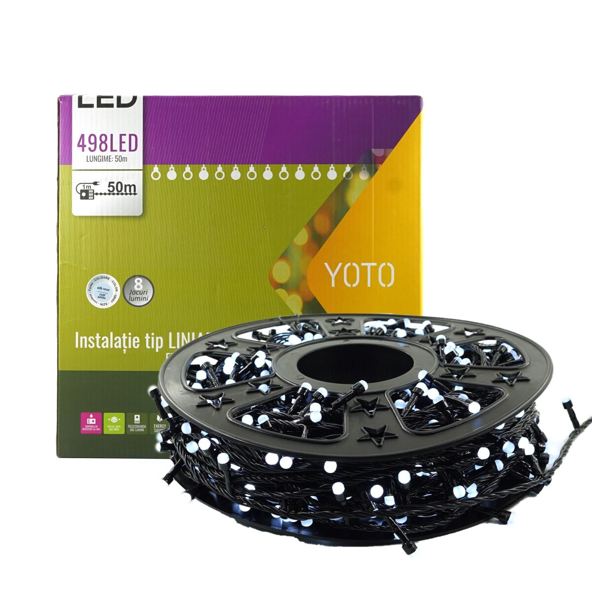 Instalatie de Craciun Liniara Yoto, 50 m, 1 m Prelungitor 220V, 498 LED, 8 Jocuri de Lumini, Controler, Fir Negru, Utilizare Interior/Exterior, Protectie anti-inghet, Fir Cupru, Alb Rece - imagine 8