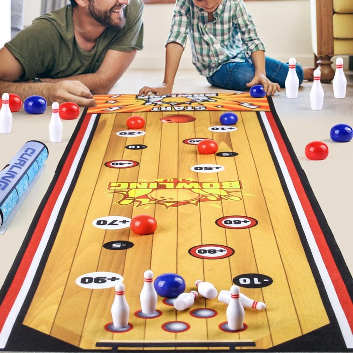 Joc Interactiv, Embo, Covor de Bowling 90 x 20 cm, 1-4 Jucatori, +5 Ani, 6 Mingi Incluse, 6 Popice, Galben - imagine 3