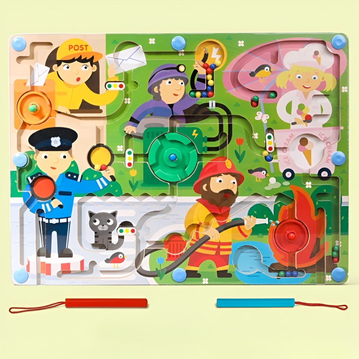 Joc Montessori de Sortare Culori, Embo, Creion Magnetic, Tip Labirint Ilustrat, din Lemn, Model Meserii, 39x29x1.5 cm - imagine 3