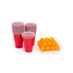 Joc de Baut BEER PONG, Embo, Set din 12 Mingi de Tenis si 12 Pahare Reutilizabile, Joc Interactiv pentu Adulti, Albastru Rosu