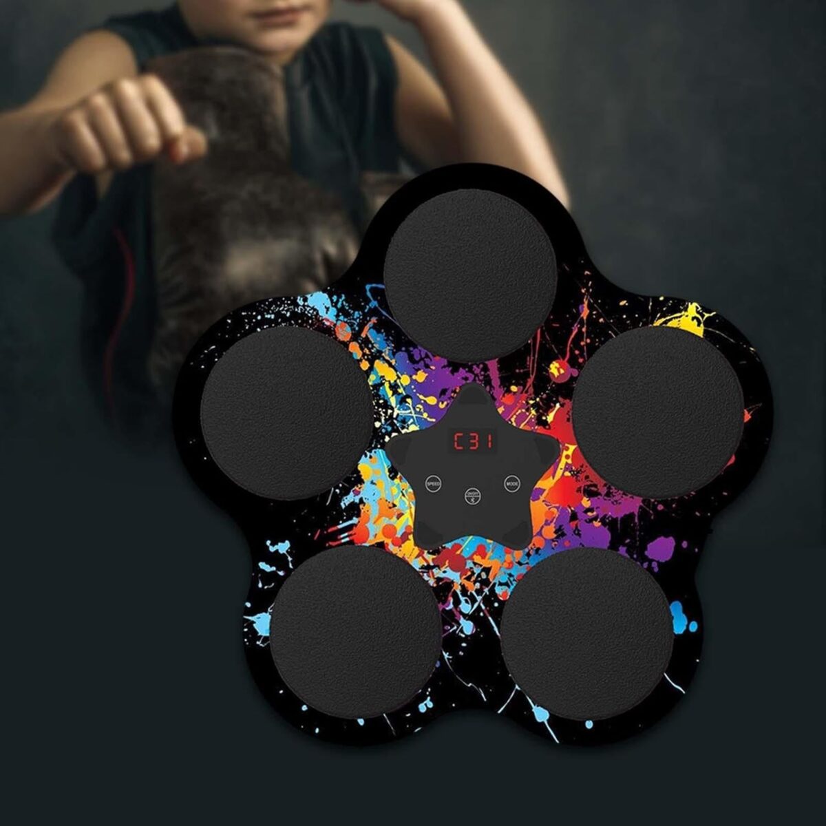 Jucarie de Boxat cu Muzica si Lumini, Embo, Bluetooth, Incarcare USB, Aplicare cu Ventuze, 5 Tinte, 40x38x8 cm, 930 g, Negru - imagine 2