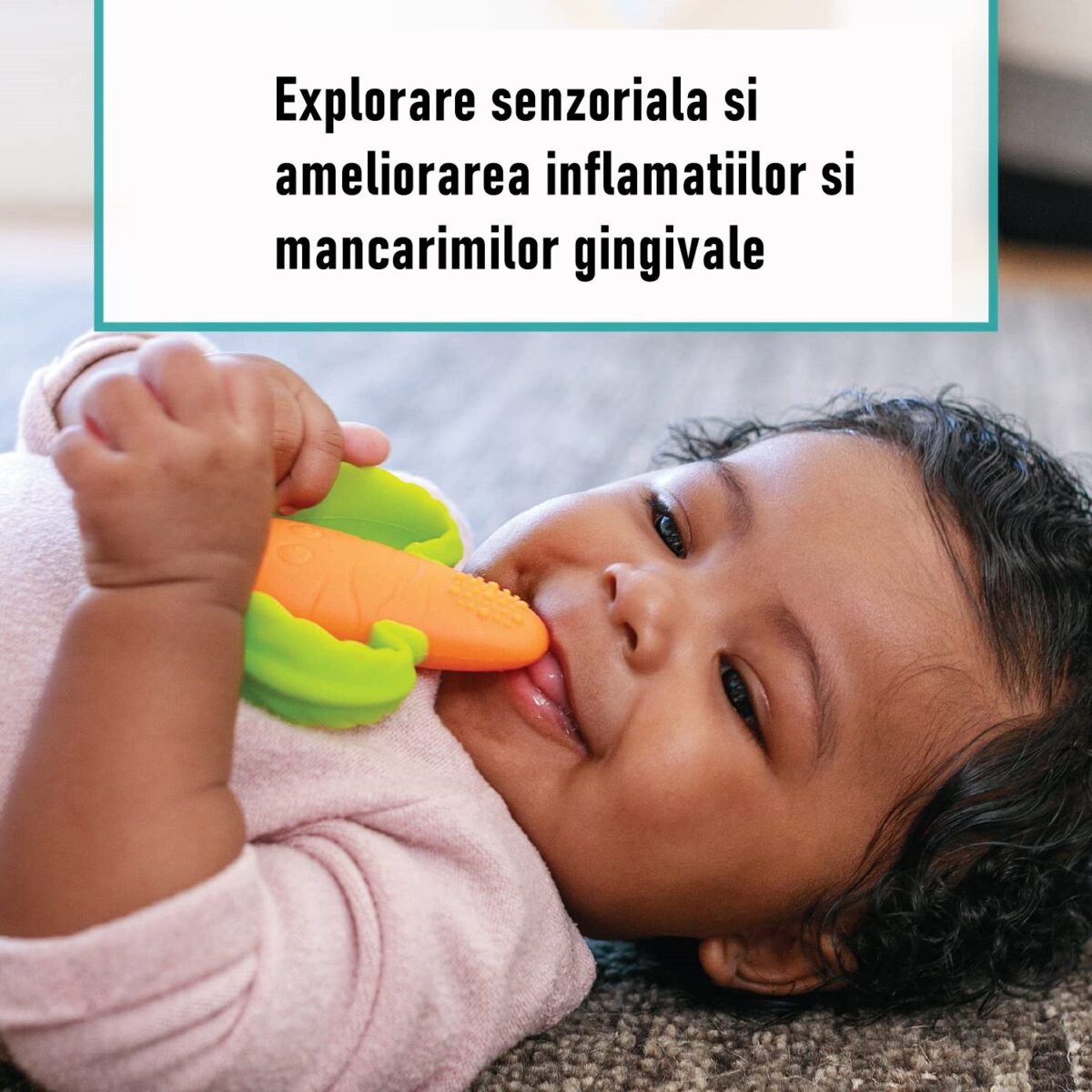 Jucarie dentitie bebelusi Embo, morcov, 10x7.5x2.8 cm, cu manere de prindere, material silicon non-toxic, fara miros, portocaliu - imagine 6