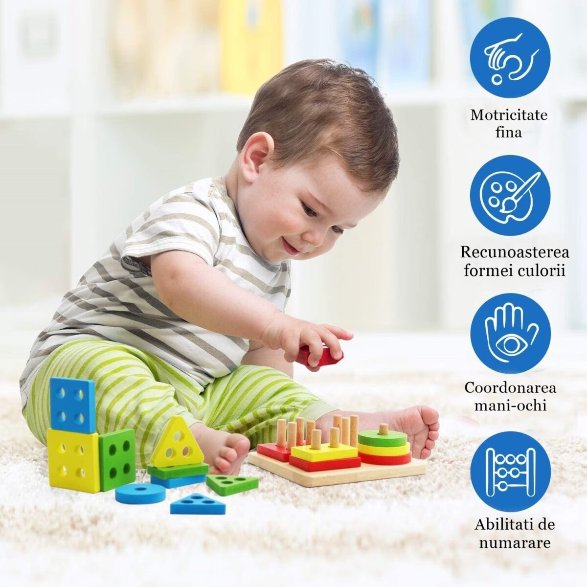 Jucarie Educativa Embo, Tip Montessori, din Lemn, + 36 Luni, Forme Geometrice, 16 Piese, 12 x 12 cm, Multicolor - imagine 6