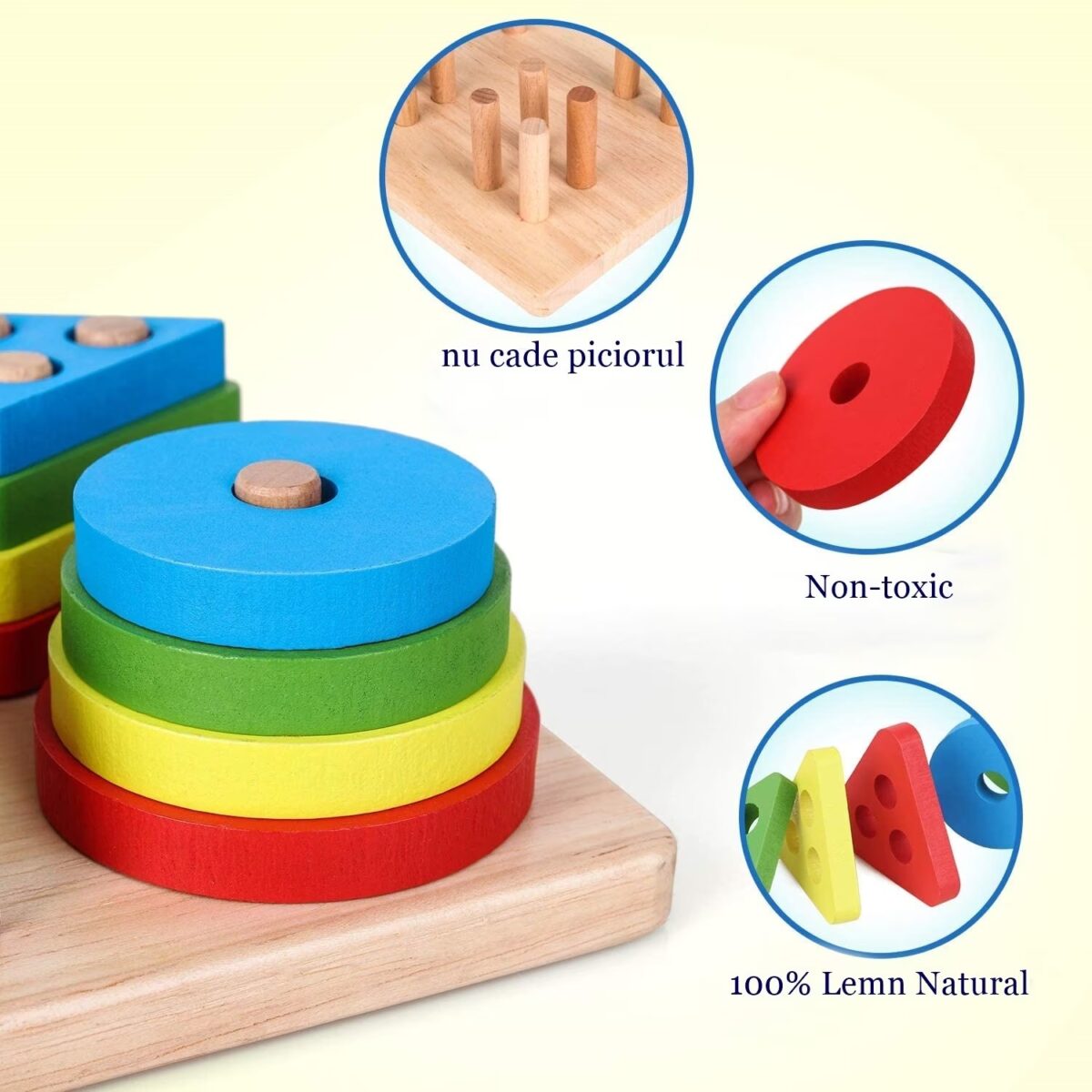 Jucarie Educativa Embo, Tip Montessori, din Lemn, + 36 Luni, Forme Geometrice, 16 Piese, 12 x 12 cm, Multicolor - imagine 7