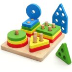 Jucarie Educativa Embo, Tip Montessori, din Lemn, + 36 Luni, Forme Geometrice, 16 Piese, 12 x 12 cm, Multicolor