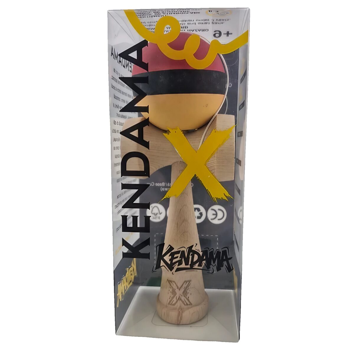 Kendama X Originala, Profesionala, Embo, din Lemn, Rubber Grip, 18 cm, Rosu/Negru/Galben - imagine 2