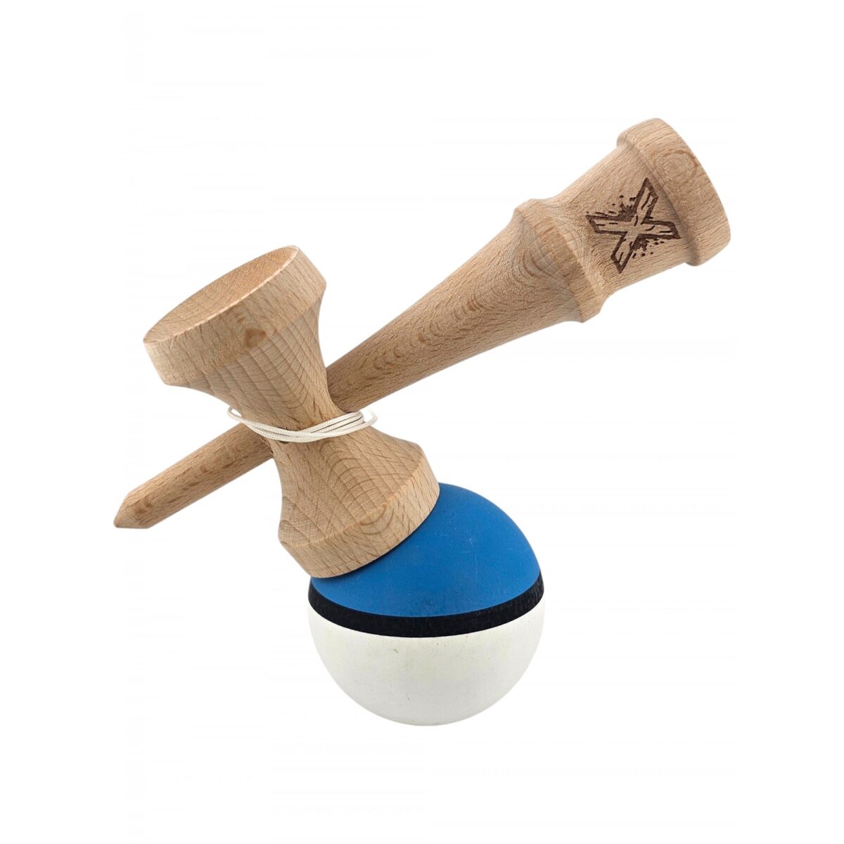 Kendama X Originala, Profesionala, Embo, din Lemn, 18 cm, Rubber Grip, Albastru/Alb - imagine 3