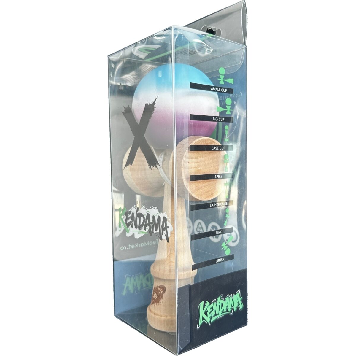 Jucarie Kendama X Originala, Profesionala, Embo, din Lemn, Rubber Grip, 18 cm, Gradient Albastru Alb Mov - imagine 4