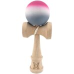 Jucarie Interactiva Kendama X Profesionala, Embo, din Lemn, Rubber Grip, 18 cm, Roz/Alb/Gri