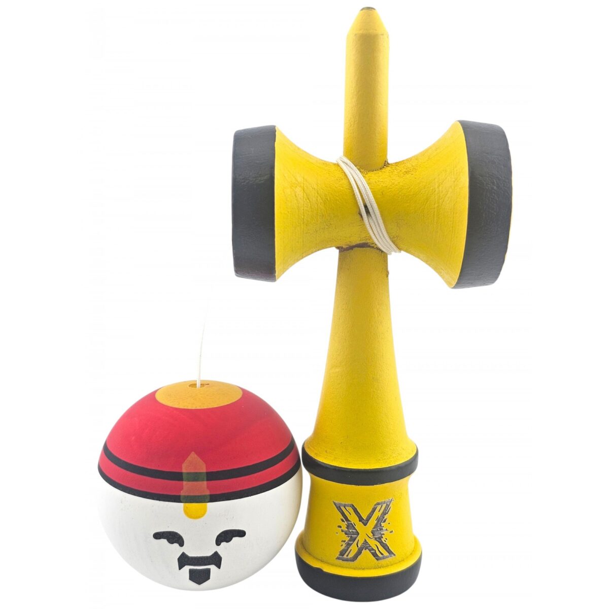 Kendama X Originala, Profesionala, Model Rege, Embo, din Lemn, 18 cm, Model Bicolor cu Maner Galben, Rosu Alb - imagine 4