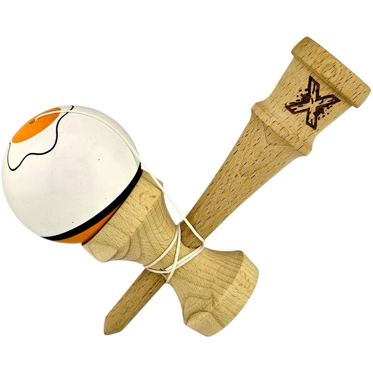 Kendama X Originala, Profesionala, Embo, din Lemn, Super Sticky, 18 cm, Alb/Portocaliu - imagine 2