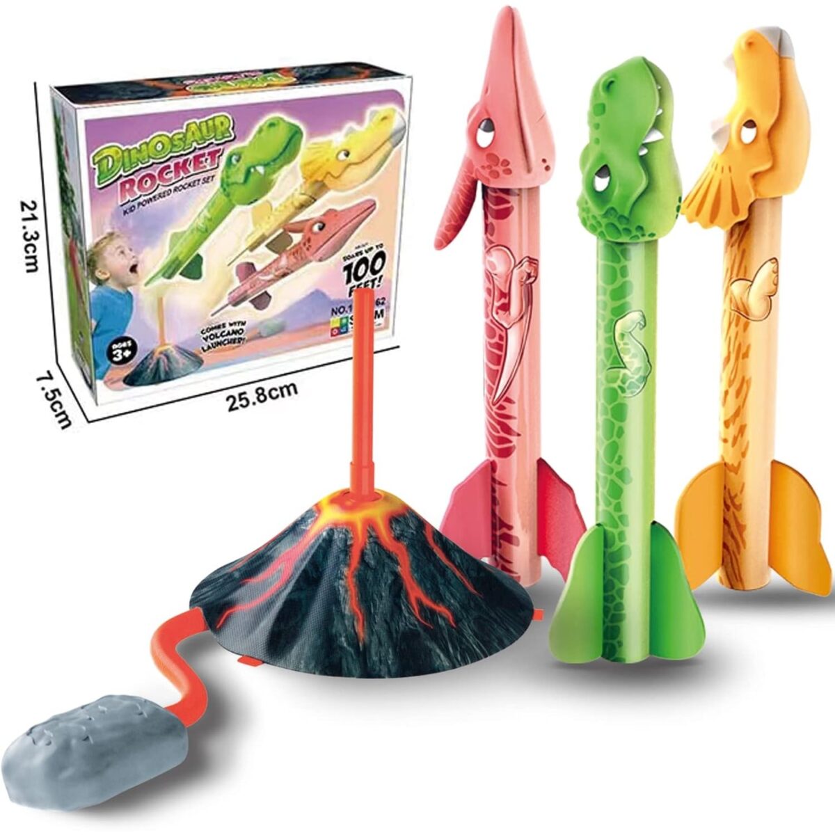 Jucarie pentru Copii, Embo, Lansator de Rachete cu Piciorul, un Singur Lansator, 3 Rachete Donozauri cu Lumini, 30 cm Inaltime, Model Vulcan, Multicolor - imagine 3