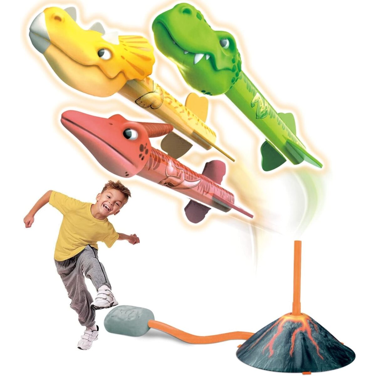 Jucarie pentru Copii, Embo, Lansator de Rachete cu Piciorul, un Singur Lansator, 3 Rachete Donozauri cu Lumini, 30 cm Inaltime, Model Vulcan, Multicolor - imagine 4