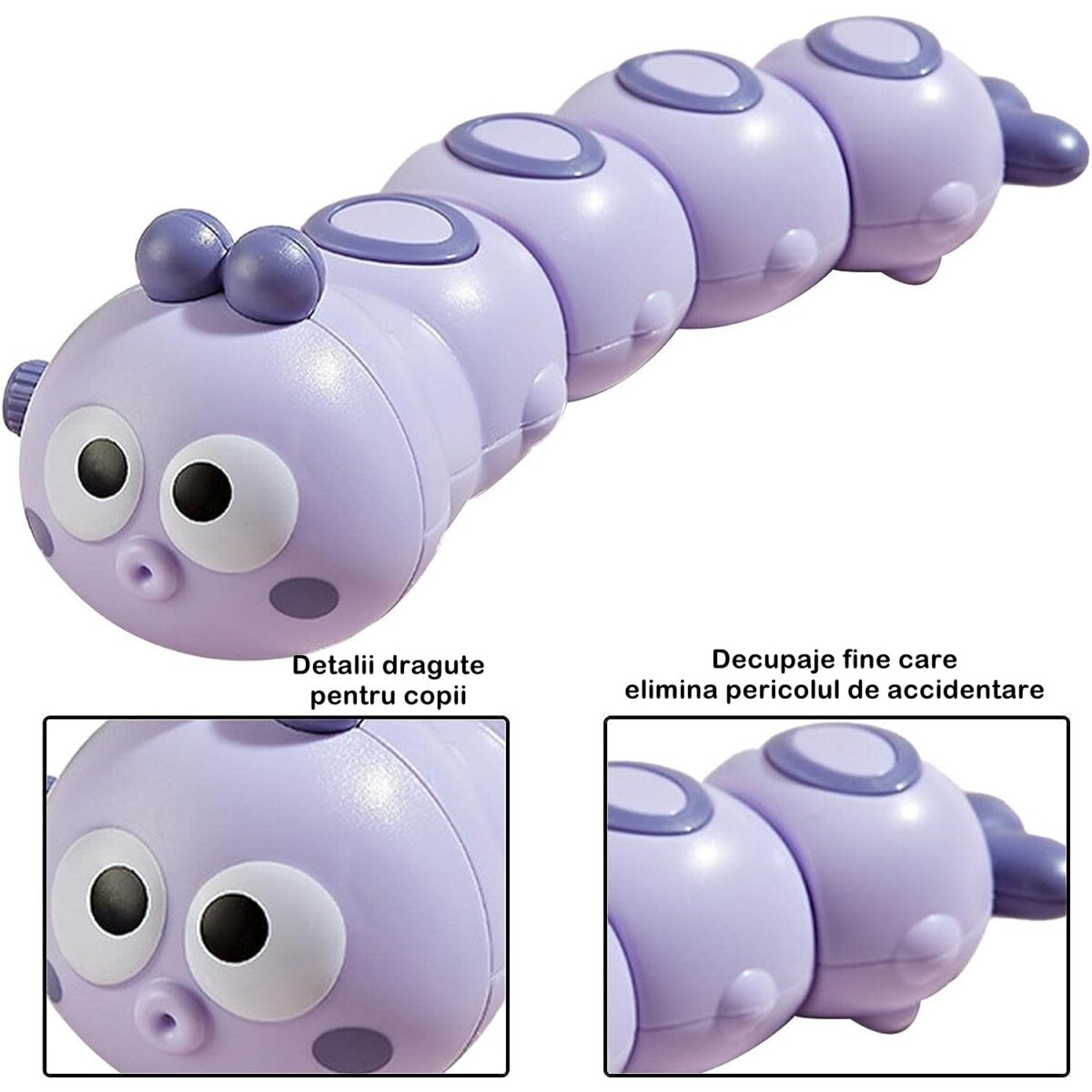 Jucarie mecanica pentru copii Embo, omida haioasa, cu cheita, distractiva, se taraste, se misca, 15 x 4 cm, mov - imagine 2