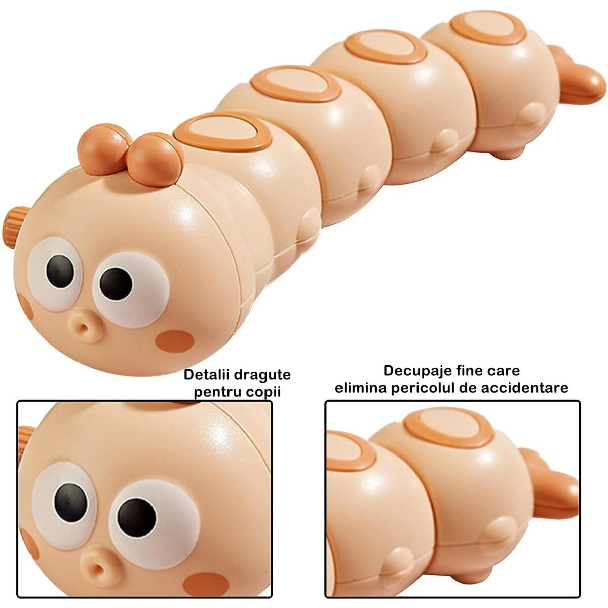 Jucarie mecanica pentru copii Embo, omida haioasa, cu cheita, distractiva, se taraste, se misca, 15 x 4 cm, portocaliu - imagine 3