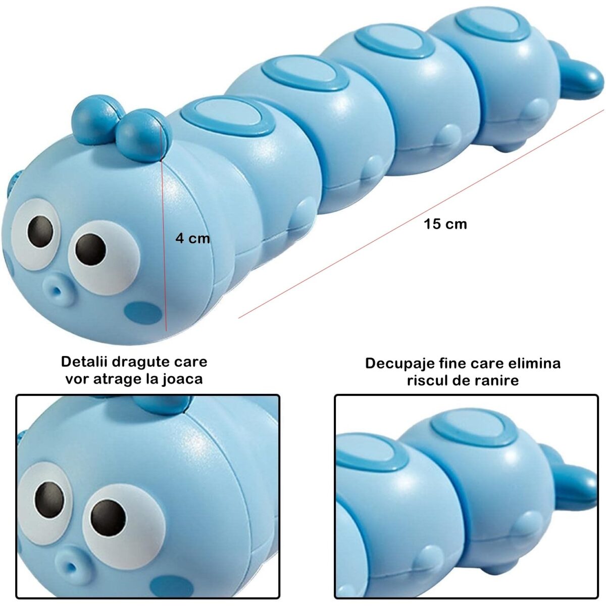 Jucarie mecanica pentru copii Embo, omida haioasa, material ABS, cu cheita, distractiva, se taraste, se misca, 15 x 4 cm, albastru - imagine 2