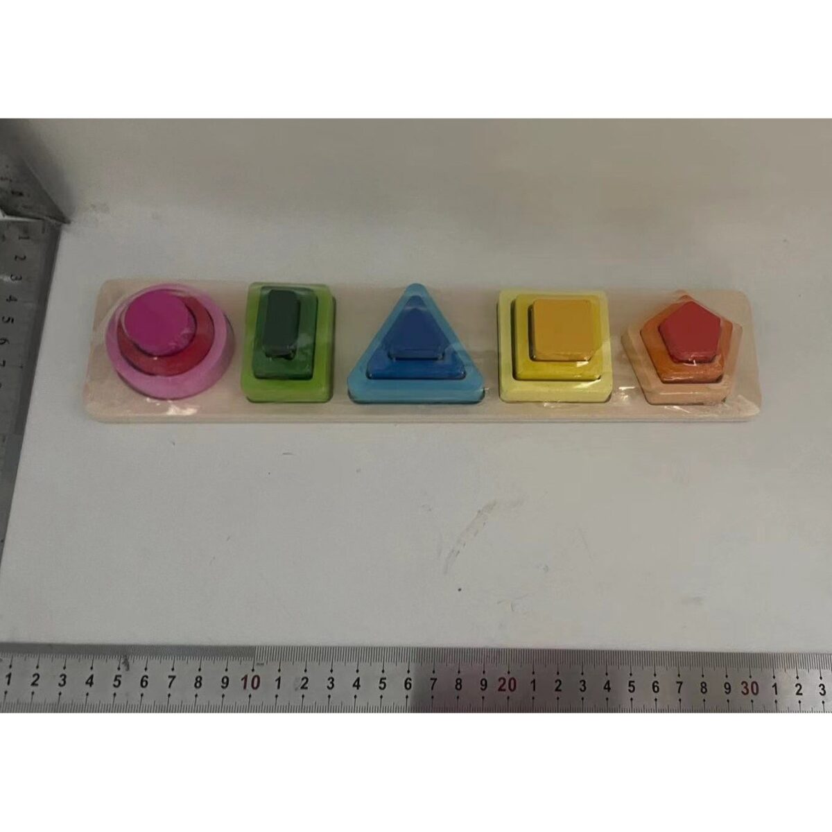 Jucarie Montessori din Lemn, Embo, Tip Puzzle, cu 5 Forme Asimetrice, 15 Piese, Educativa, Interactiva, Creativa, Model Forme Geometrice, Materiale Non Toxice, +2 Ani, 29x6.5 cm, Multicolor - imagine 15