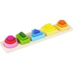 Jucarie Montessori din Lemn, Embo, Tip Puzzle, cu 5 Forme Asimetrice, 15 Piese, Educativa, Interactiva, Creativa, Model Forme Geometrice, Materiale Non Toxice, +2 Ani, 29x6.5 cm, Multicolor