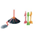 Jucarie pentru Copii, Embo, Lansator de Rachete cu Piciorul, un Singur Lansator, 3 Rachete Donozauri cu Lumini, 30 cm Inaltime, Model Vulcan, Multicolor