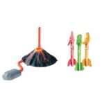 Jucarie pentru Copii, Embo, Lansator de Rachete cu Piciorul, un Singur Lansator, 3 Rachete Donozauri cu Lumini, 30 cm Inaltime, Model Vulcan, Multicolor